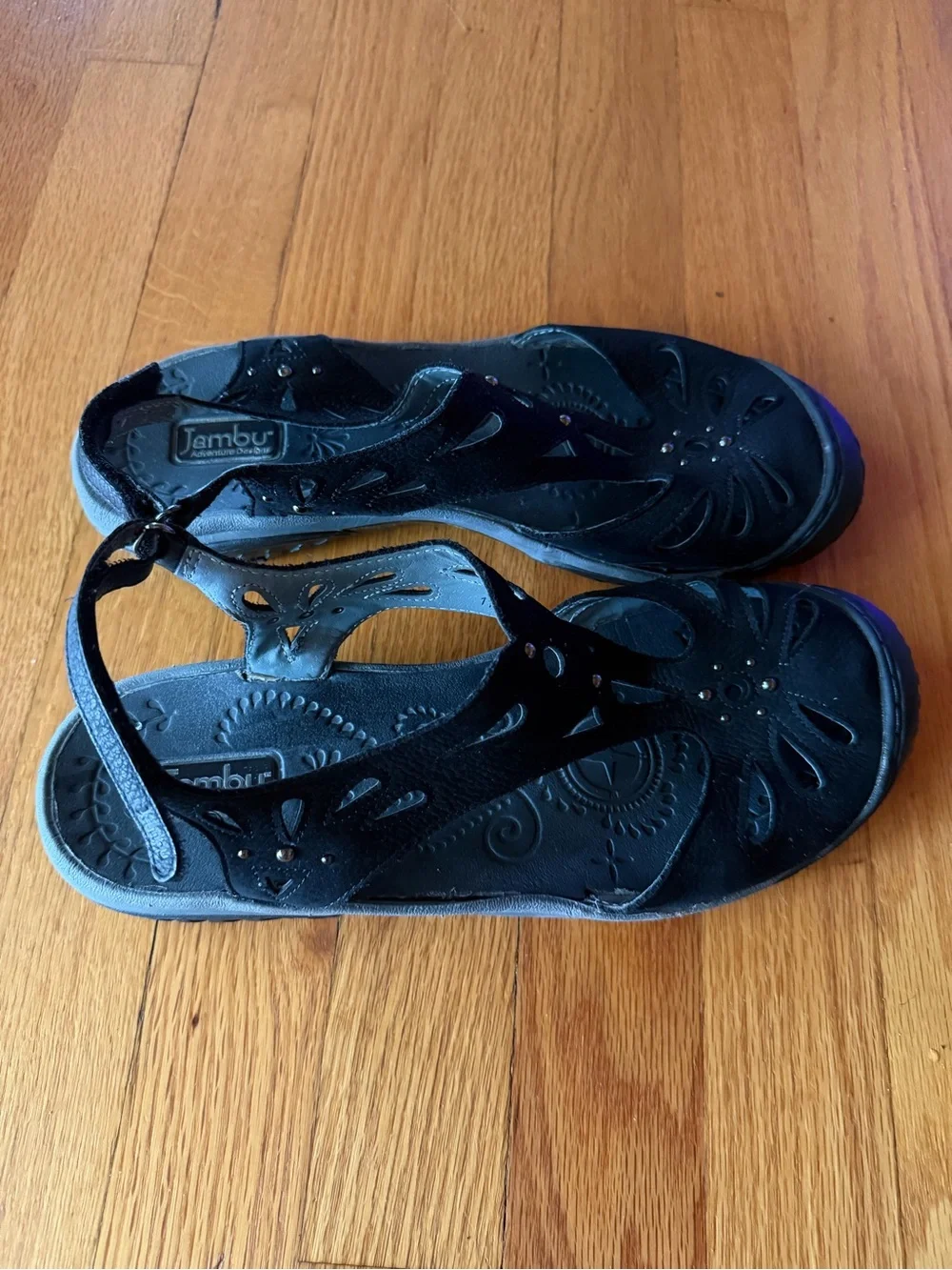 Jambu Black Leather Cutout Slingback Sandals